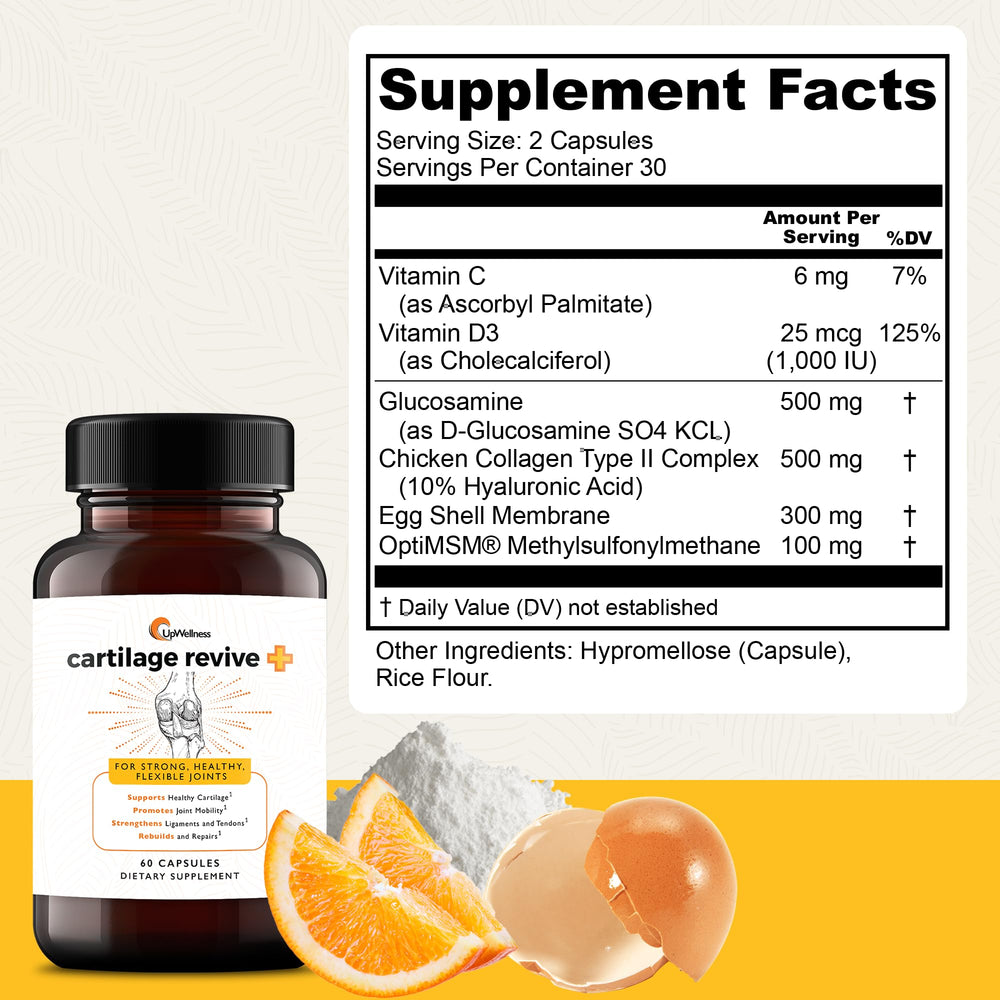 UpWellness Cartilage Revive capsules close-up, showcasing daily dosage for mobility.