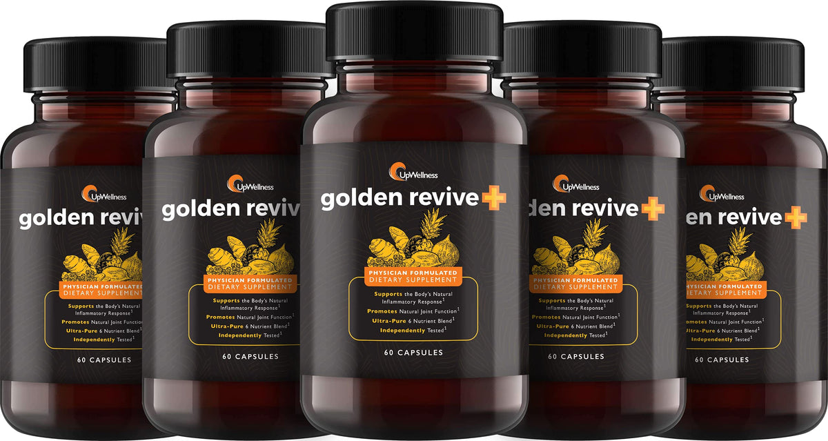 UpWellness Golden Revive bottle close-up showing daily joint support capsules