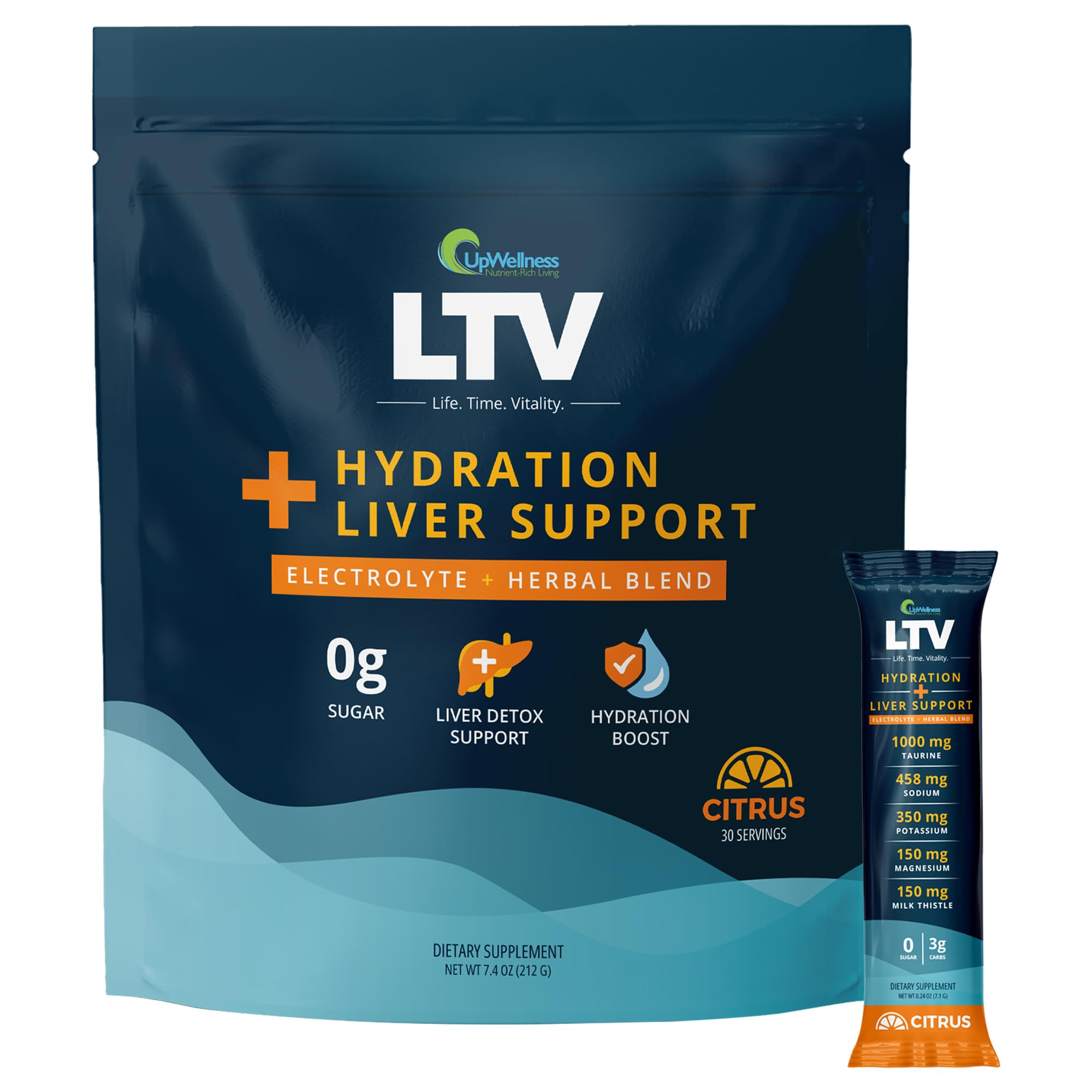 UpWellness LTV front label shows citrus hydration with electrolytes.