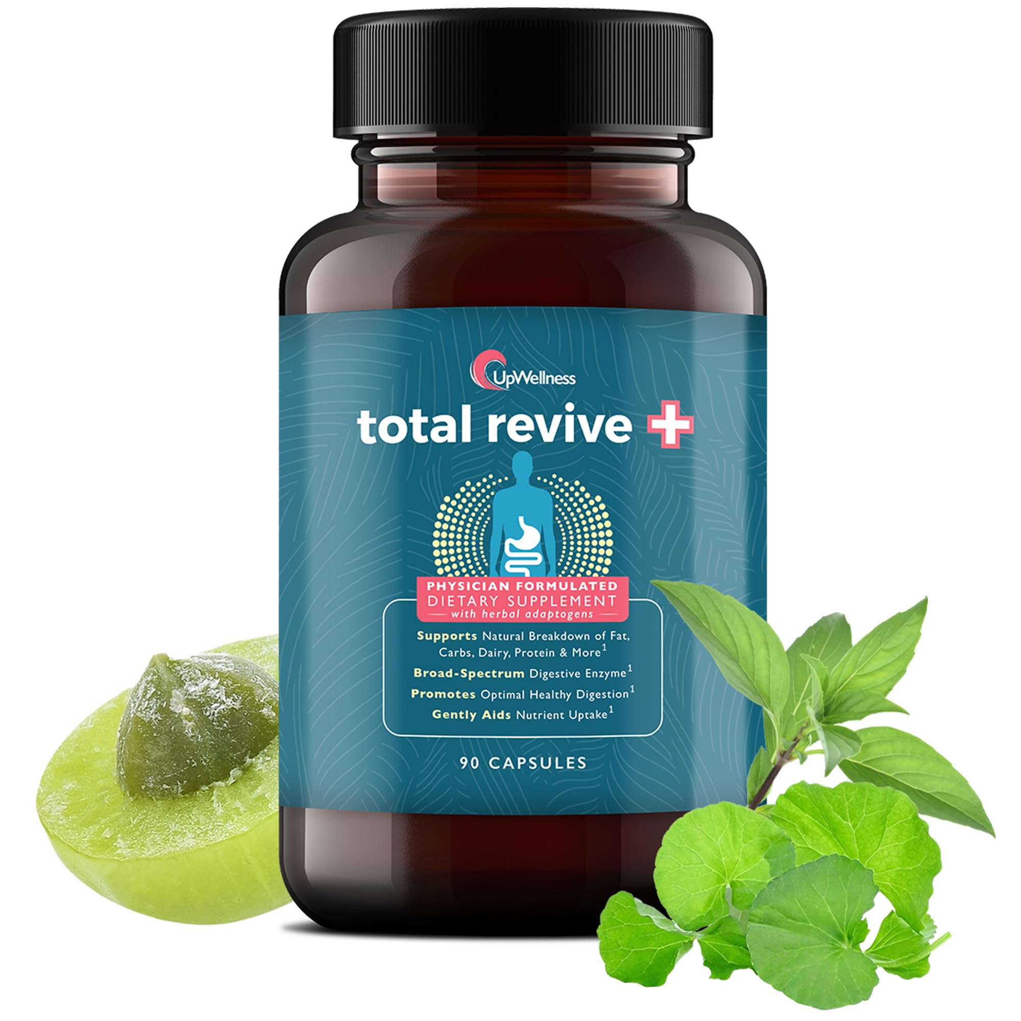 UpWellness Total Revive+ Digestive Enzymes bottle with capsules supports nutrient absorption.