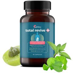 UpWellness Total Revive+ Digestive Enzymes bottle with capsules supports nutrient absorption.