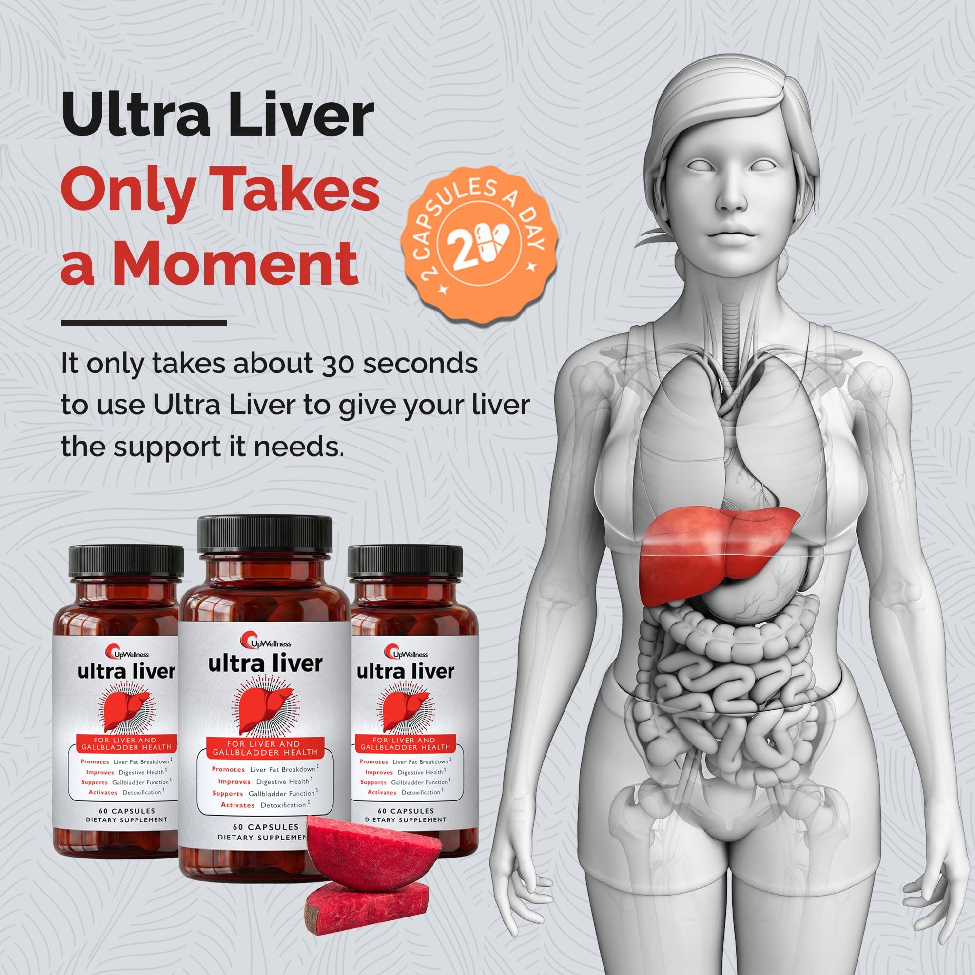 UpWellness Ultra Liver morning-dose scene with two capsules per day