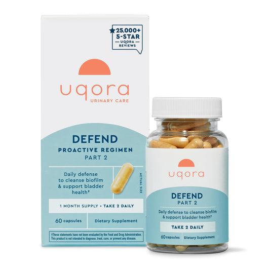 Uqora Defend bottle front view showing daily urinary support potential