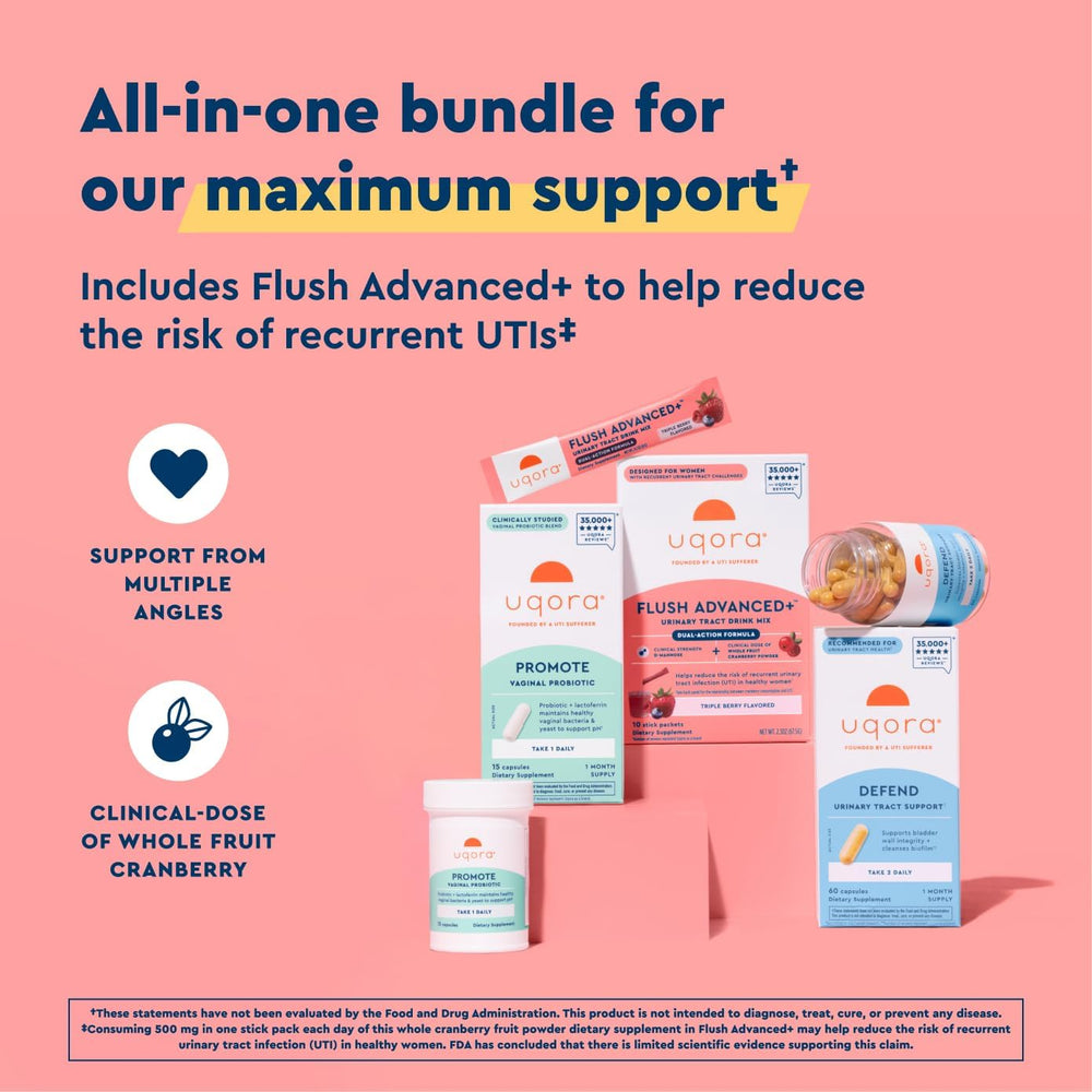 Uqora Defend capsules image highlights D-mannose and green tea blend