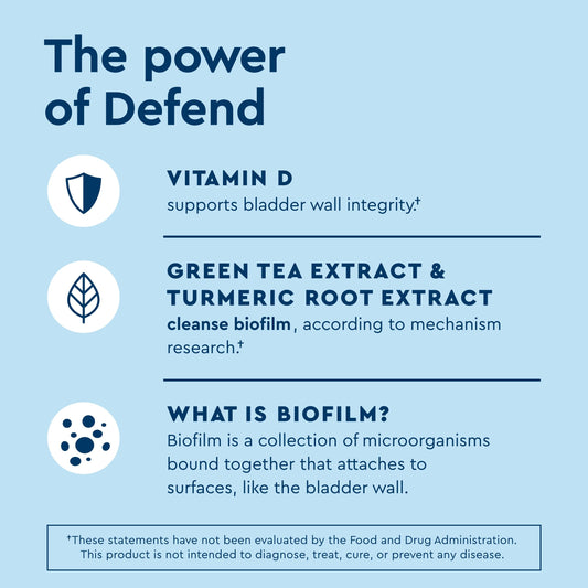 Close-up of Defend ingredients labels highlighting D-mannose and turmeric.