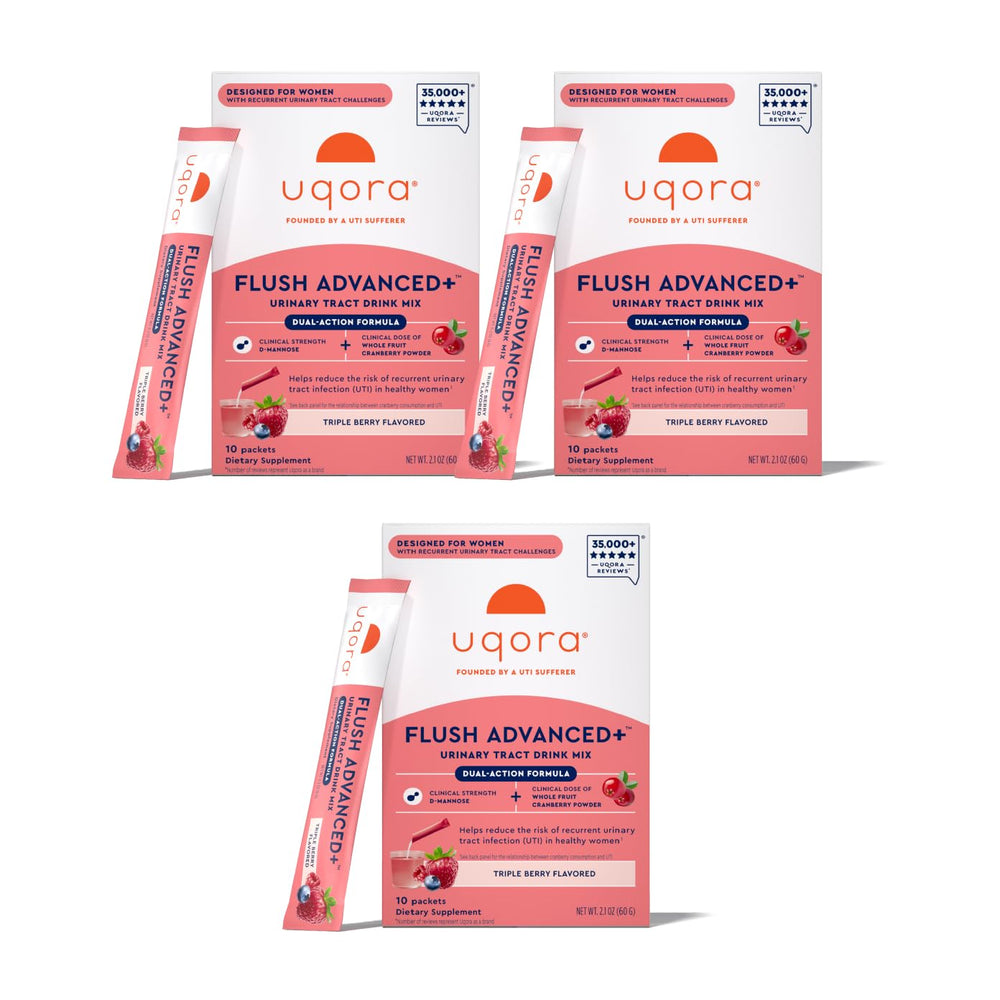 Uqora Flush Advanced+ bottle pouring water for daily urinary wellness