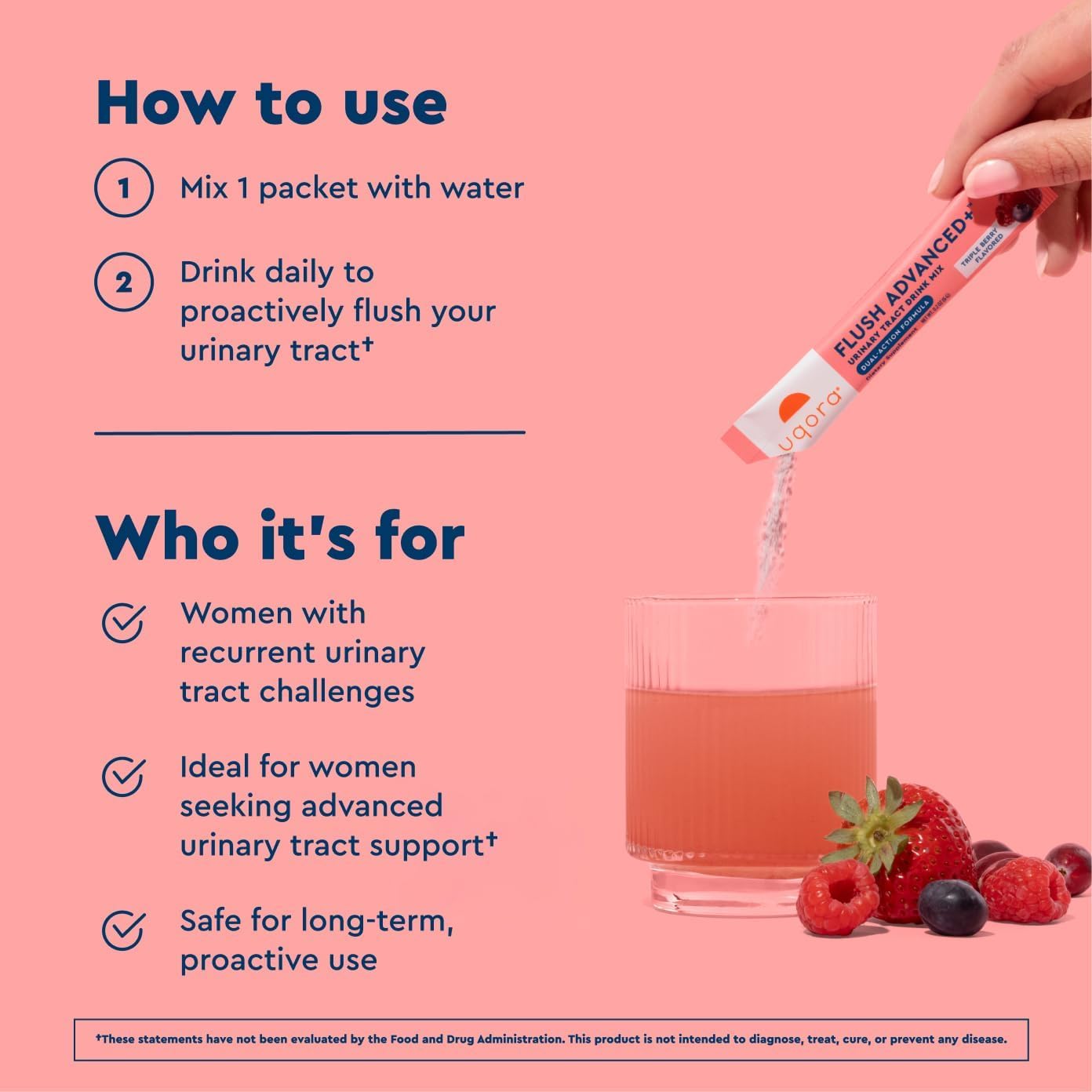 Uqora Flush Advanced+ daily dosing cup beside the pack