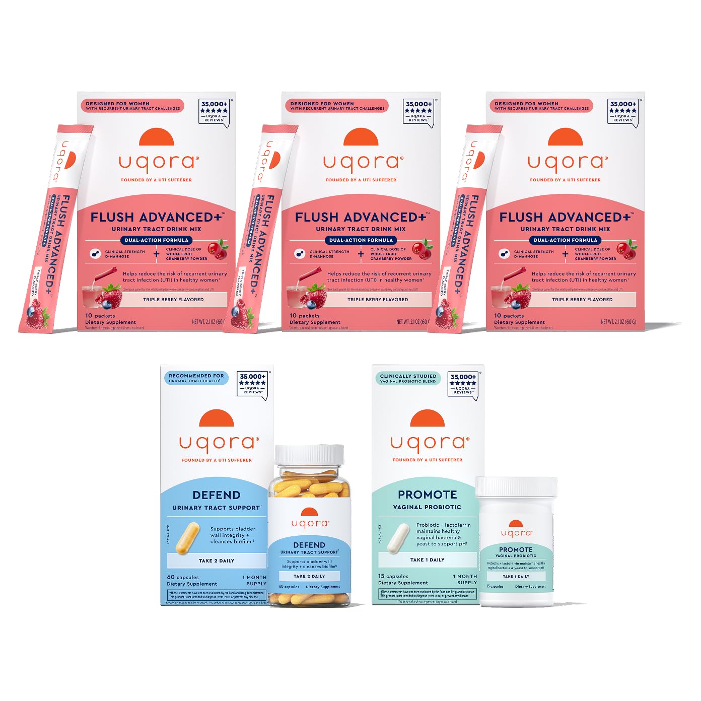 Uqora Flush Advanced+ drink mix canister with cranberry and D‑mannose for urinary support.
