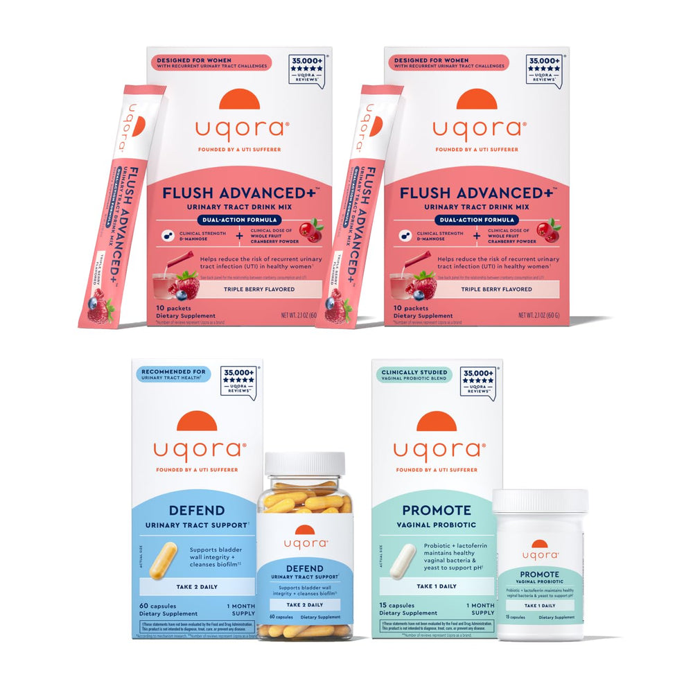 Uqora Flush Advanced+ drink mix ready to blend into a daily urinary health routine