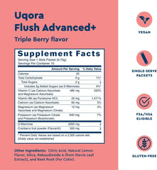 Uqora Flush Advanced+ packet closeup highlighting cranberry blend