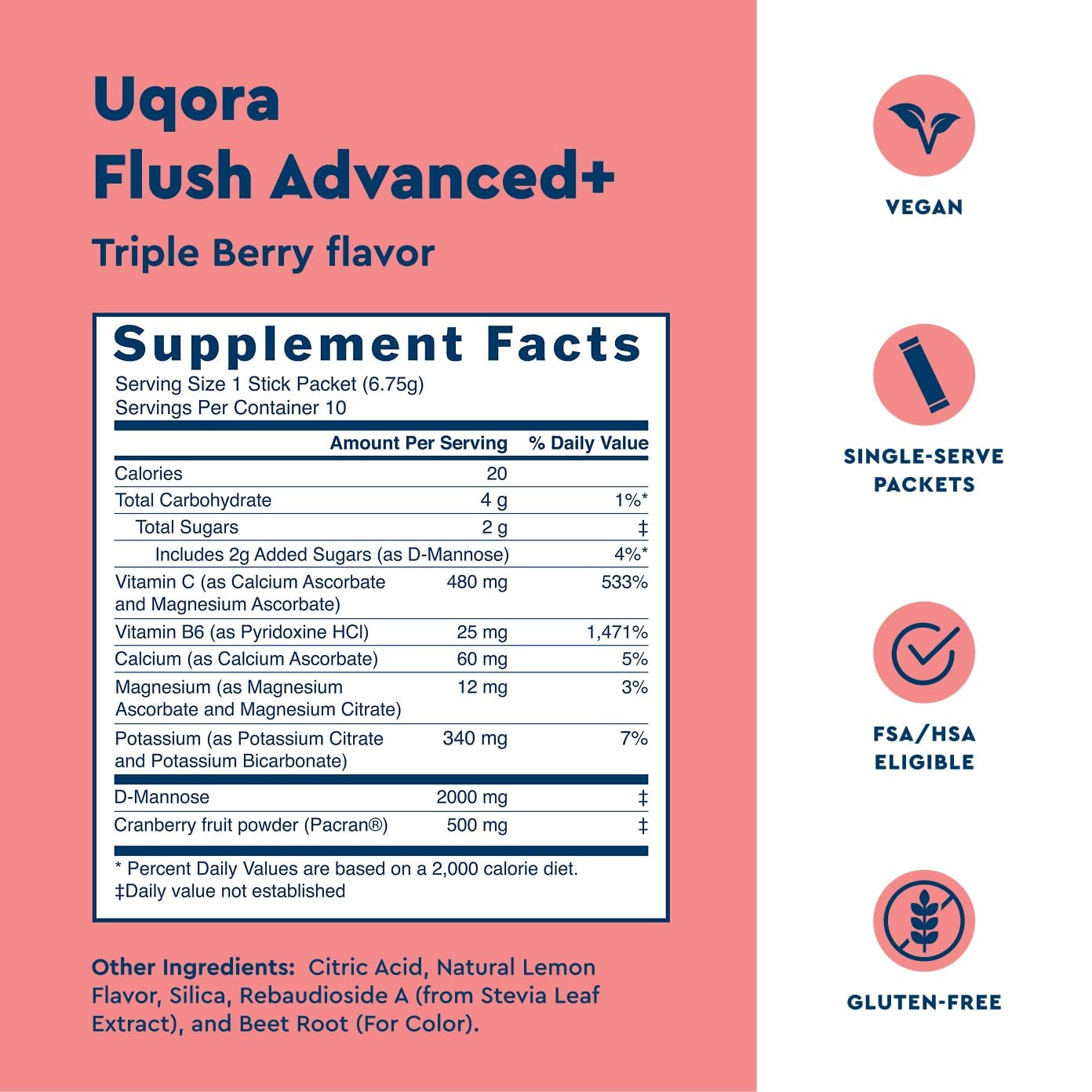 Uqora Flush Advanced Plus D-Mannose packet highlights quick-acting urinary support