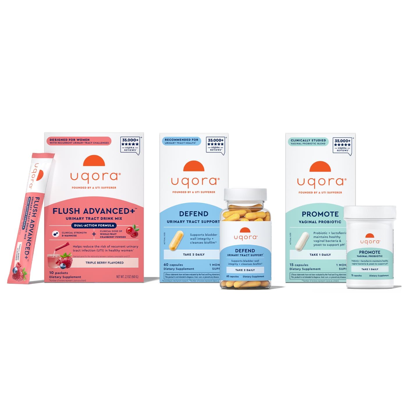 Uqora Flush Advanced+ Drink Mix bottle pour shown for daily urinary health support