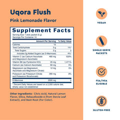 Close-up of Uqora Flush pink lemonade packet highlighting flavor