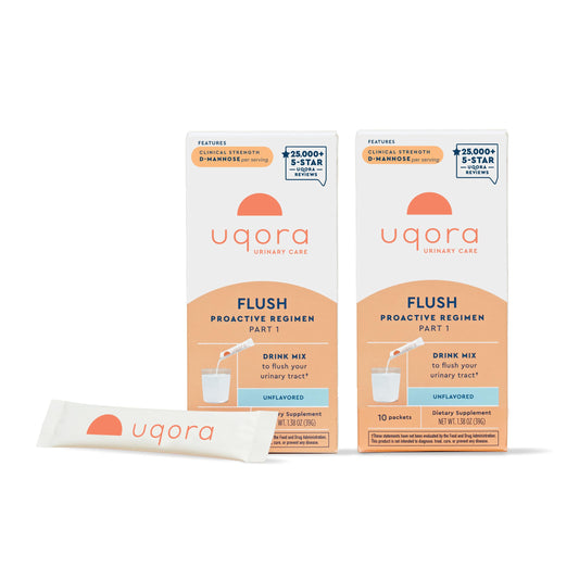 Uqora Flush pink lemonade packet dissolving in water to support urinary wellness