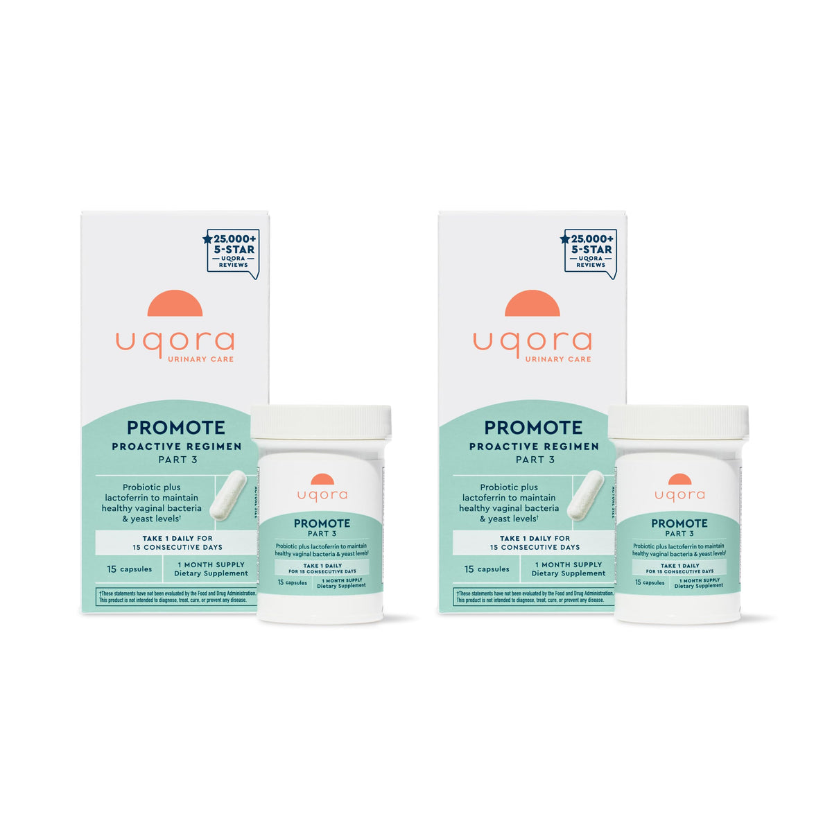 Uqora Promote bottle front view showing two-pack packaging for vaginal health support
