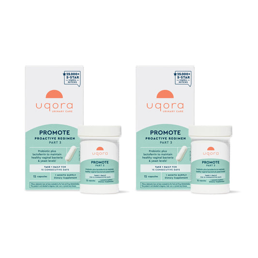 Uqora Promote bottle front view showing two-pack packaging for vaginal health support