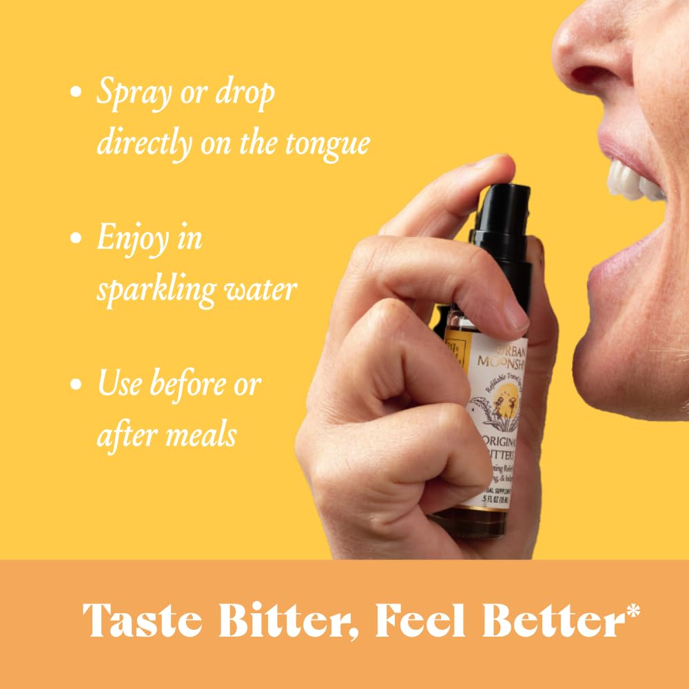 Urban Moonshine bottle with a glass showing daily digestive wellness use.