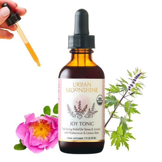 Urban Moonshine Joy Tonic bottle front for quick mood support during stress.