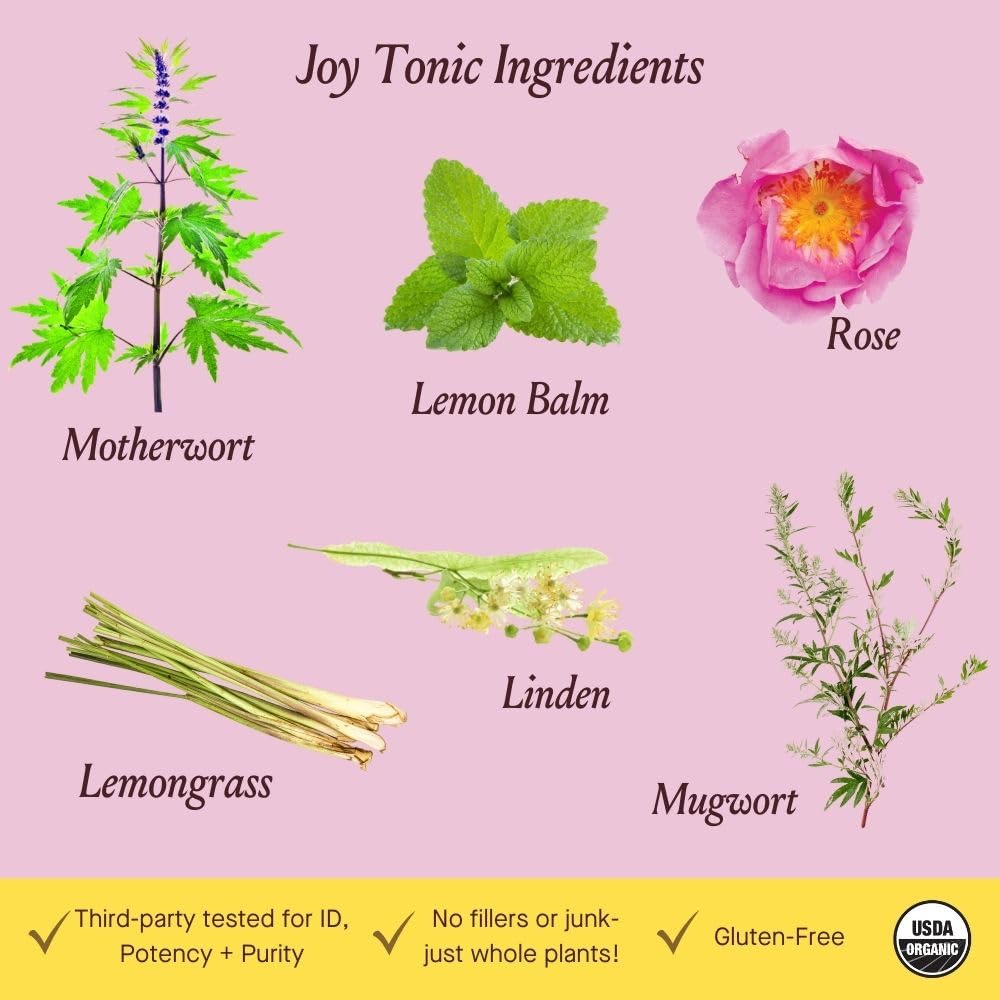 Urban Moonshine Joy Tonic bottle on desk shows organic, sustainably sourced formula.