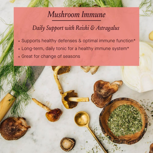 Urban Moonshine Mushroom Immune label highlights organic ingredients and adaptogens.