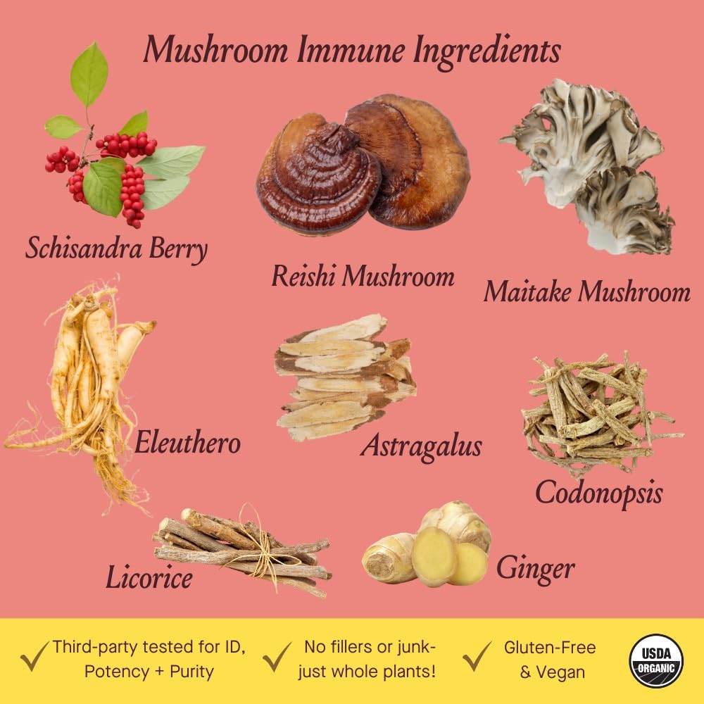 Urban Moonshine Mushroom Immune ingredients close-up with reishi and astragalus for daily support.