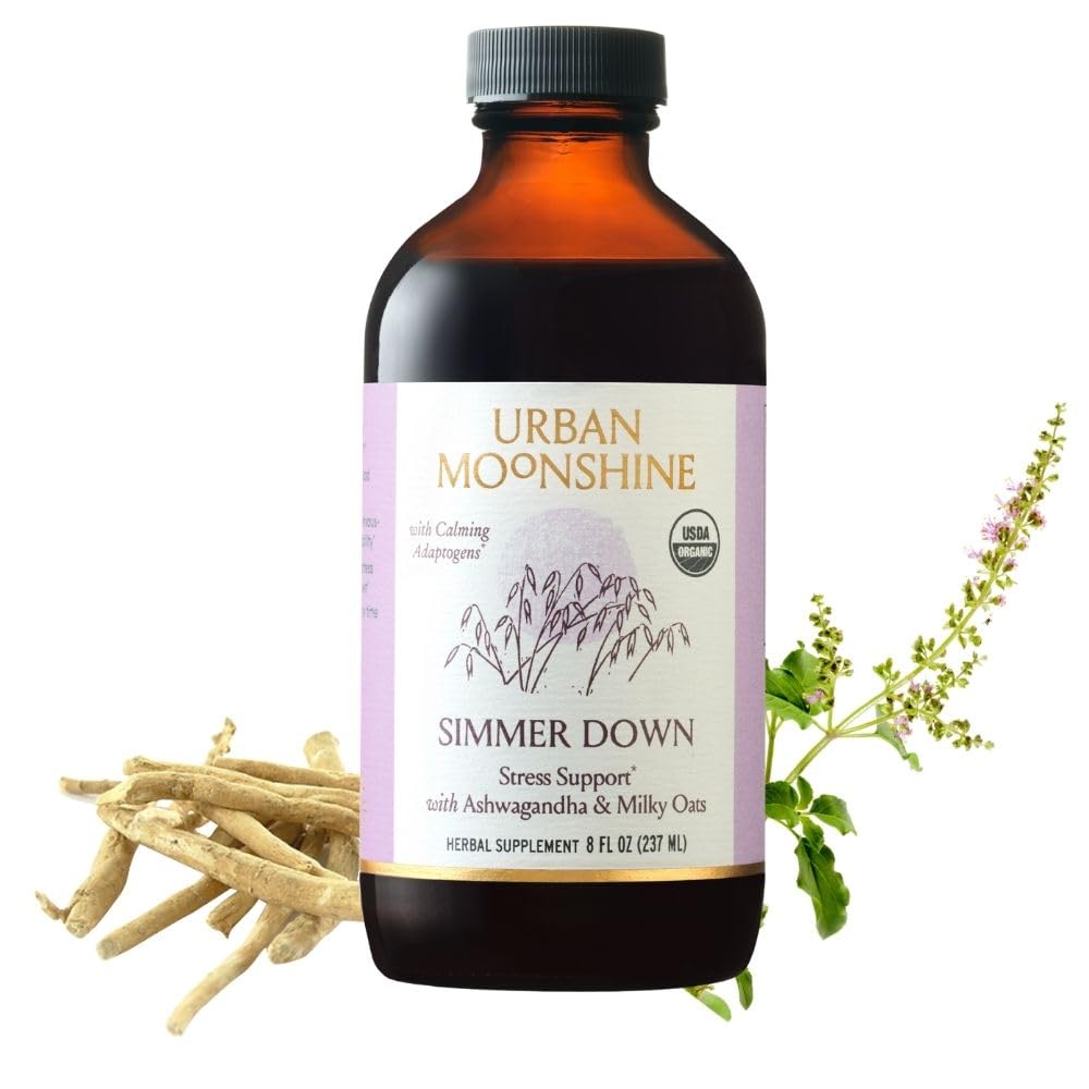 Urban Moonshine Simmer Down tonic bottle pour promoting a calm mood.