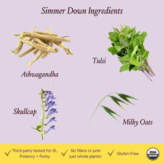 Urban Moonshine Simmer Down ingredients image features ashwagandha and tulsi.