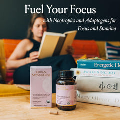 Urban Moonshine Wonder Human packaging emphasizes organic, vegan ingredients for cognitive support.