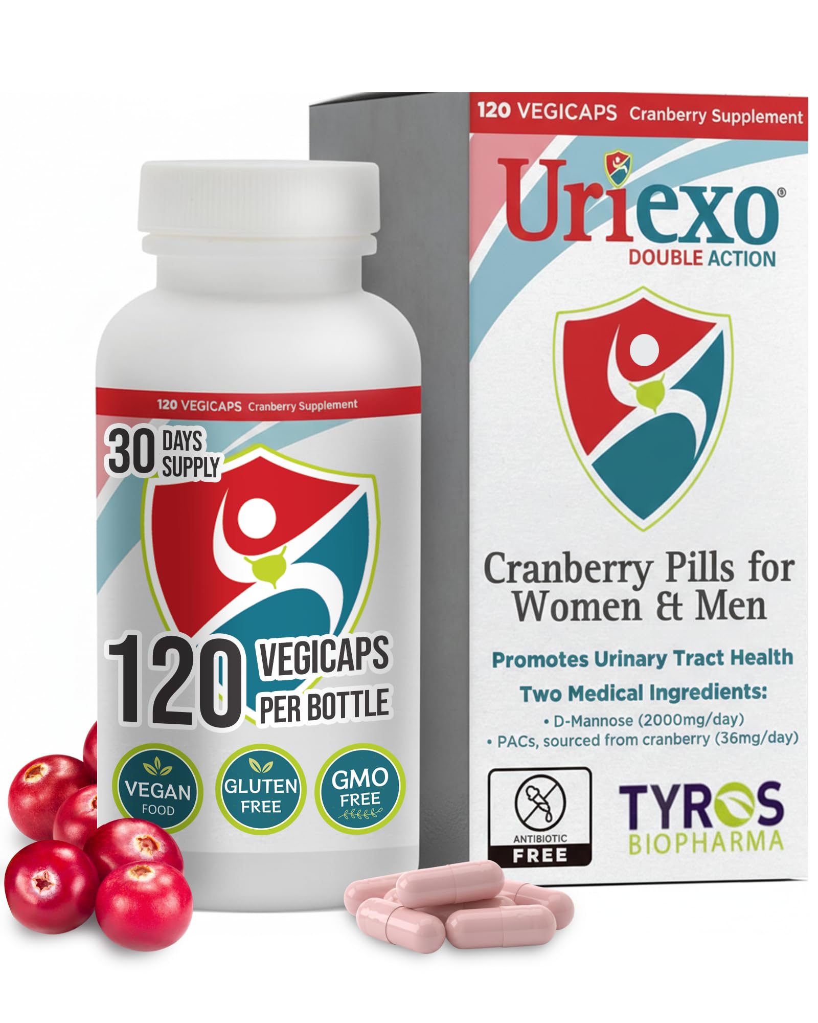 Uriexo Double Action Cranberry Pills bottle front, convenient daily support.