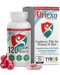 Uriexo Double Action Cranberry Pills bottle front, convenient daily support.