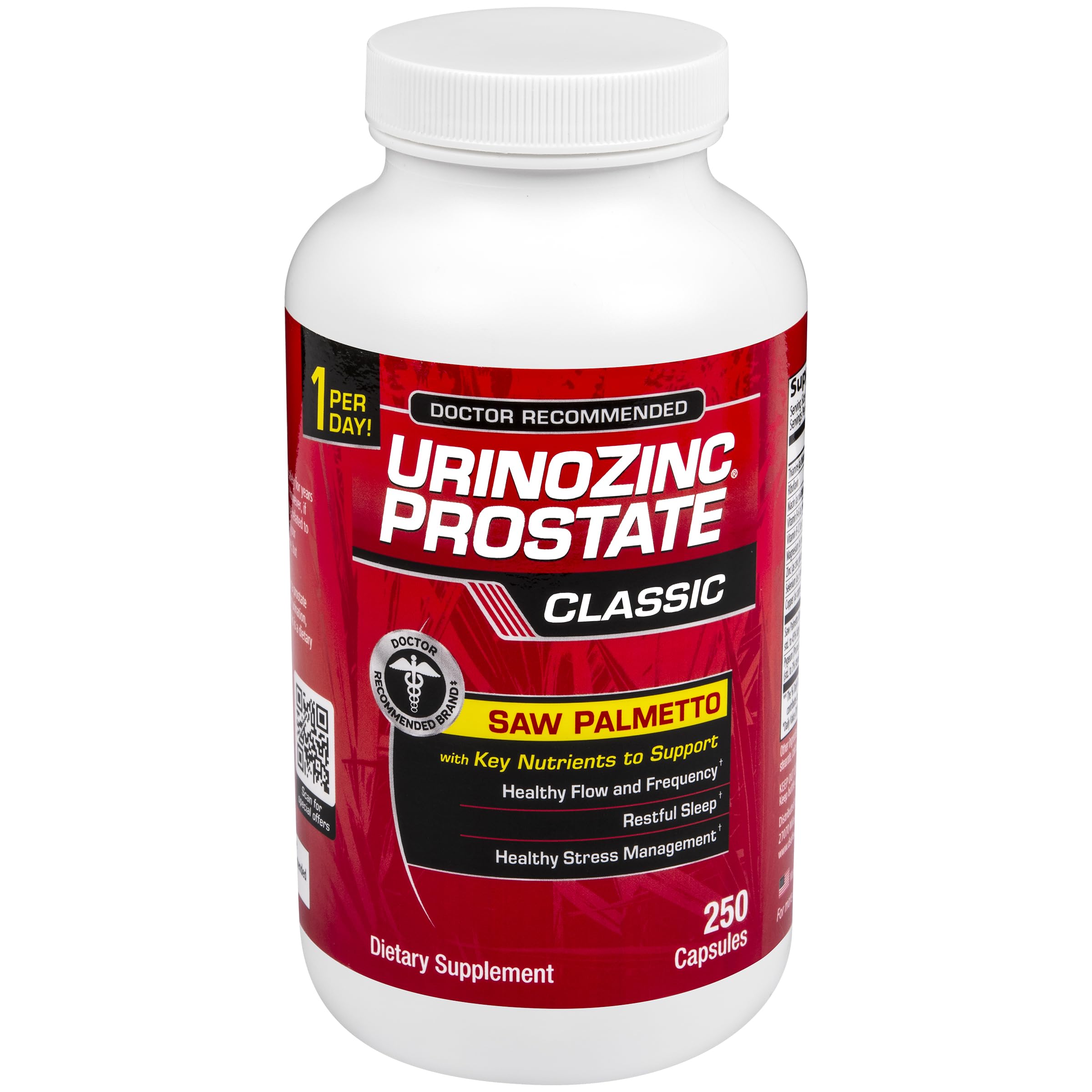 Urinozinc Classic bottle closeup with capsules, supporting prostate health.