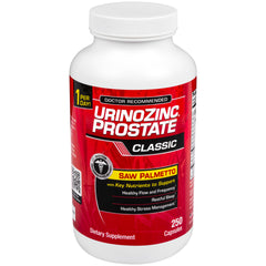 Urinozinc Classic bottle closeup with capsules, supporting prostate health.