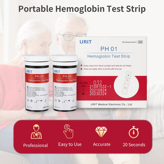 URIT hemoglobin test strips close-up highlighting lacet packaging for accuracy and ease