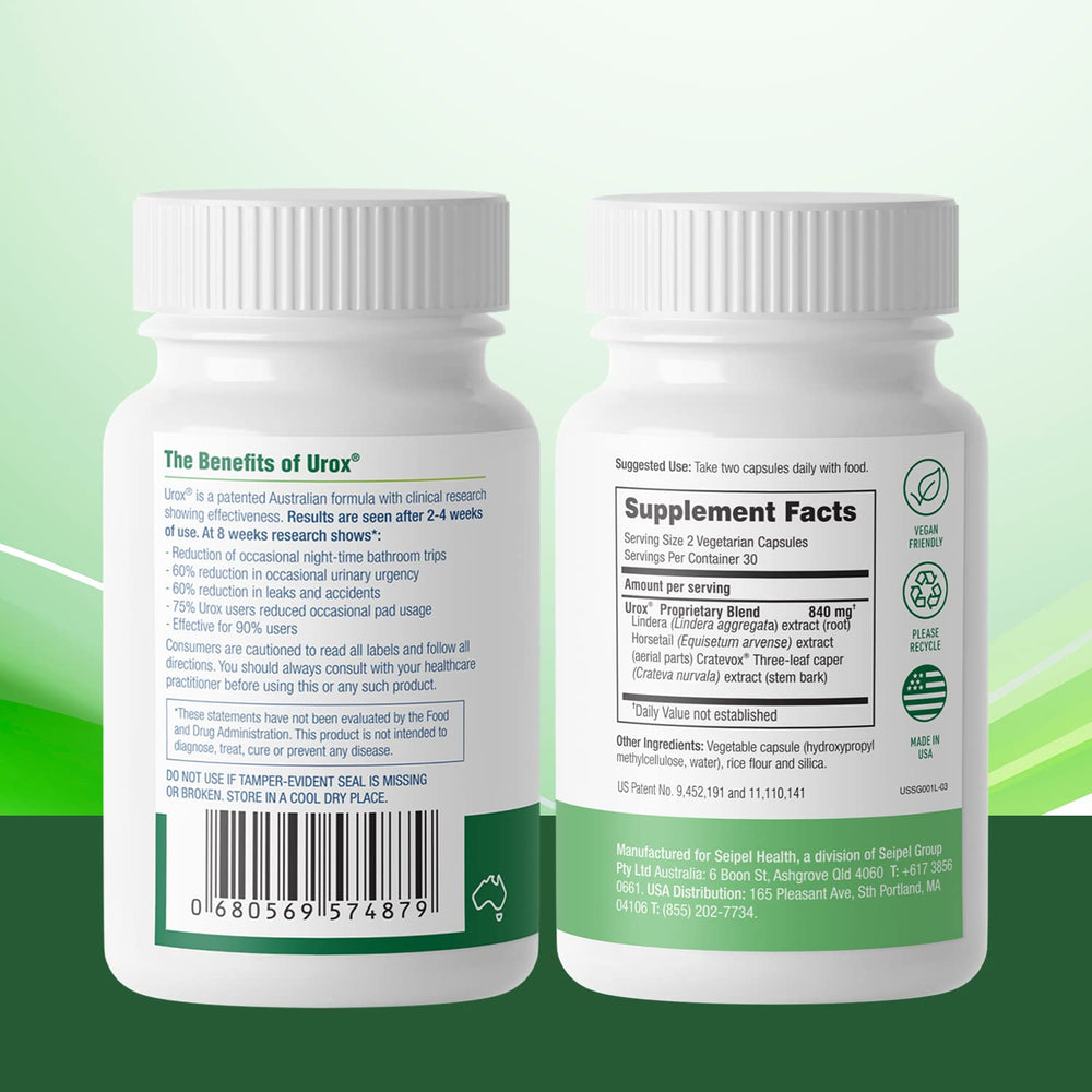 UROX capsules closeup highlighting the plant-based blend.