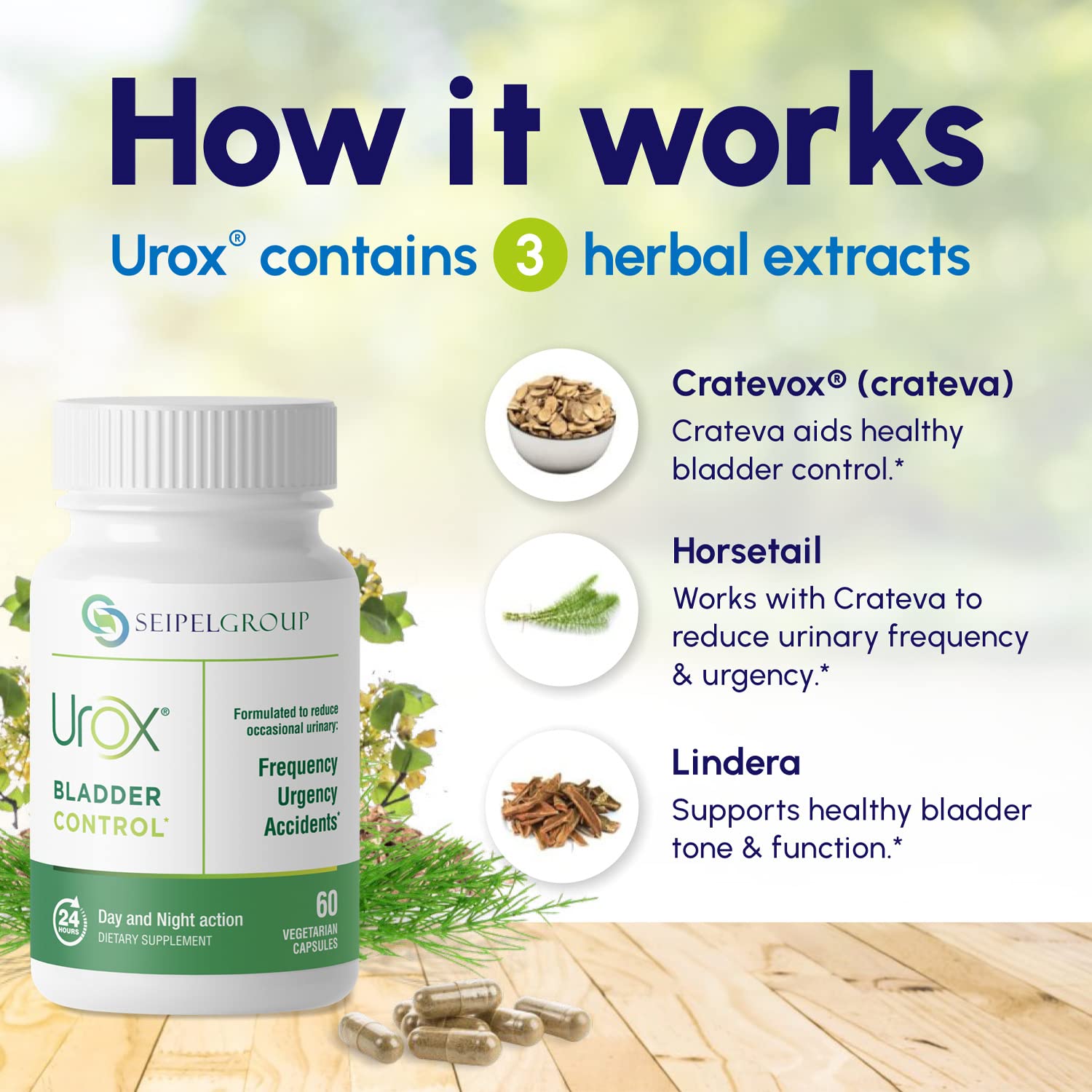 UROX ingredient linderaSupports bladder tone naturally.