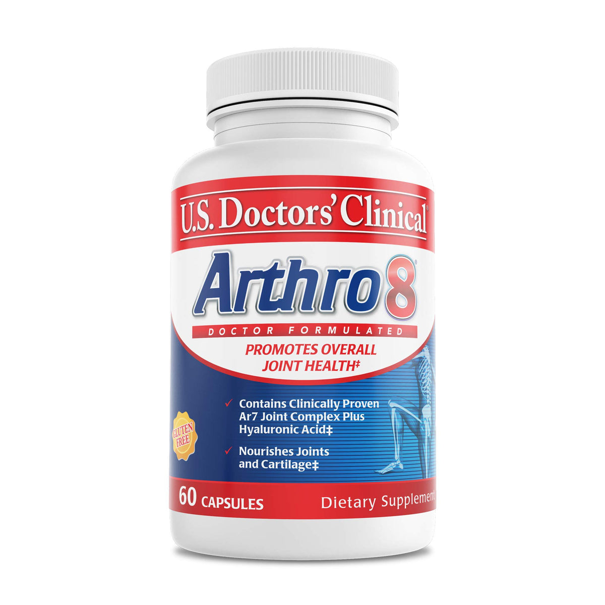 US Doctors' Clinical Arthro8 bottle front view suggests daily joint support potential.