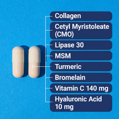 Arthro8 bottle label close-up highlights key ingredients such as hyaluronic acid.