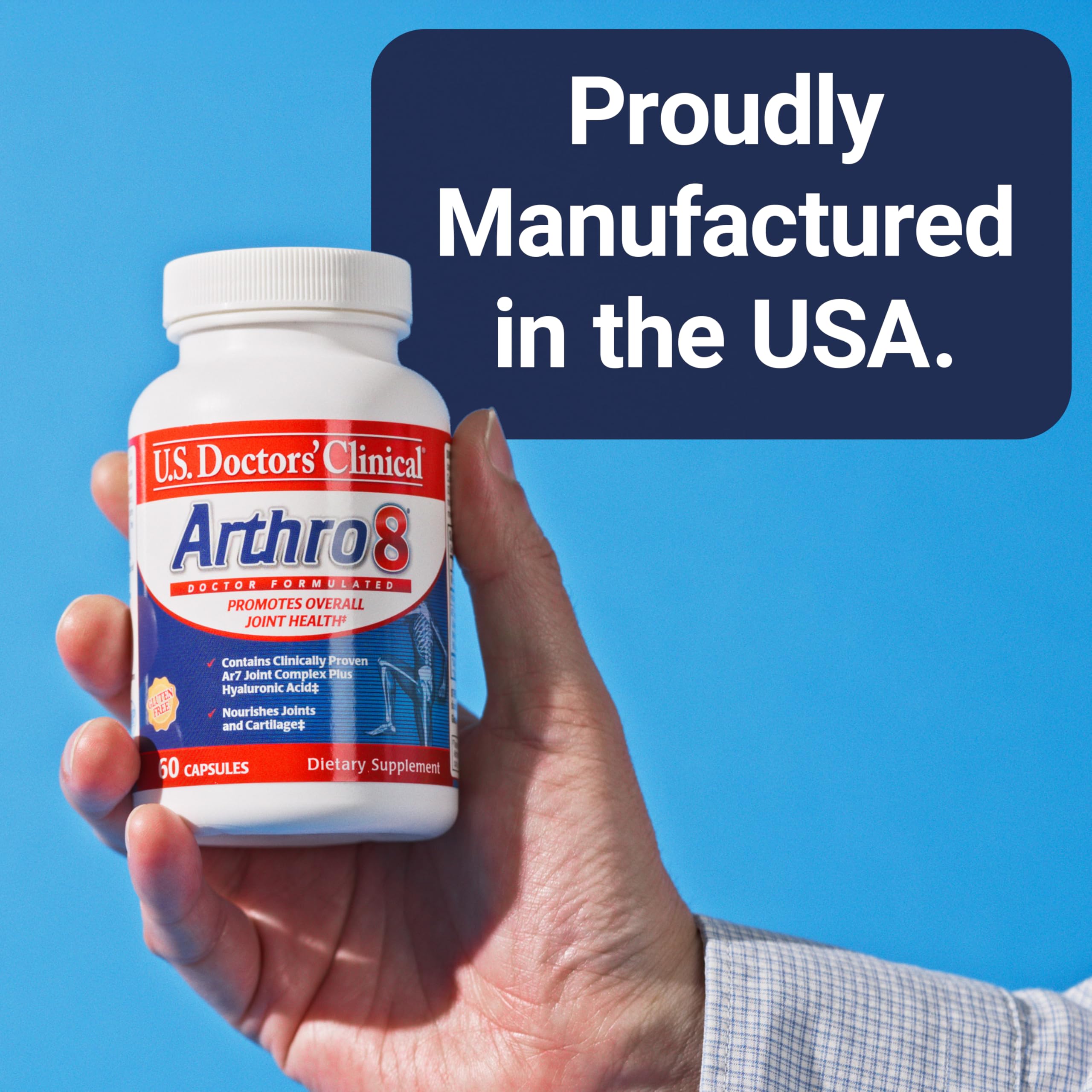 Arthro8 capsules in hand suggest easy daily supplementation.