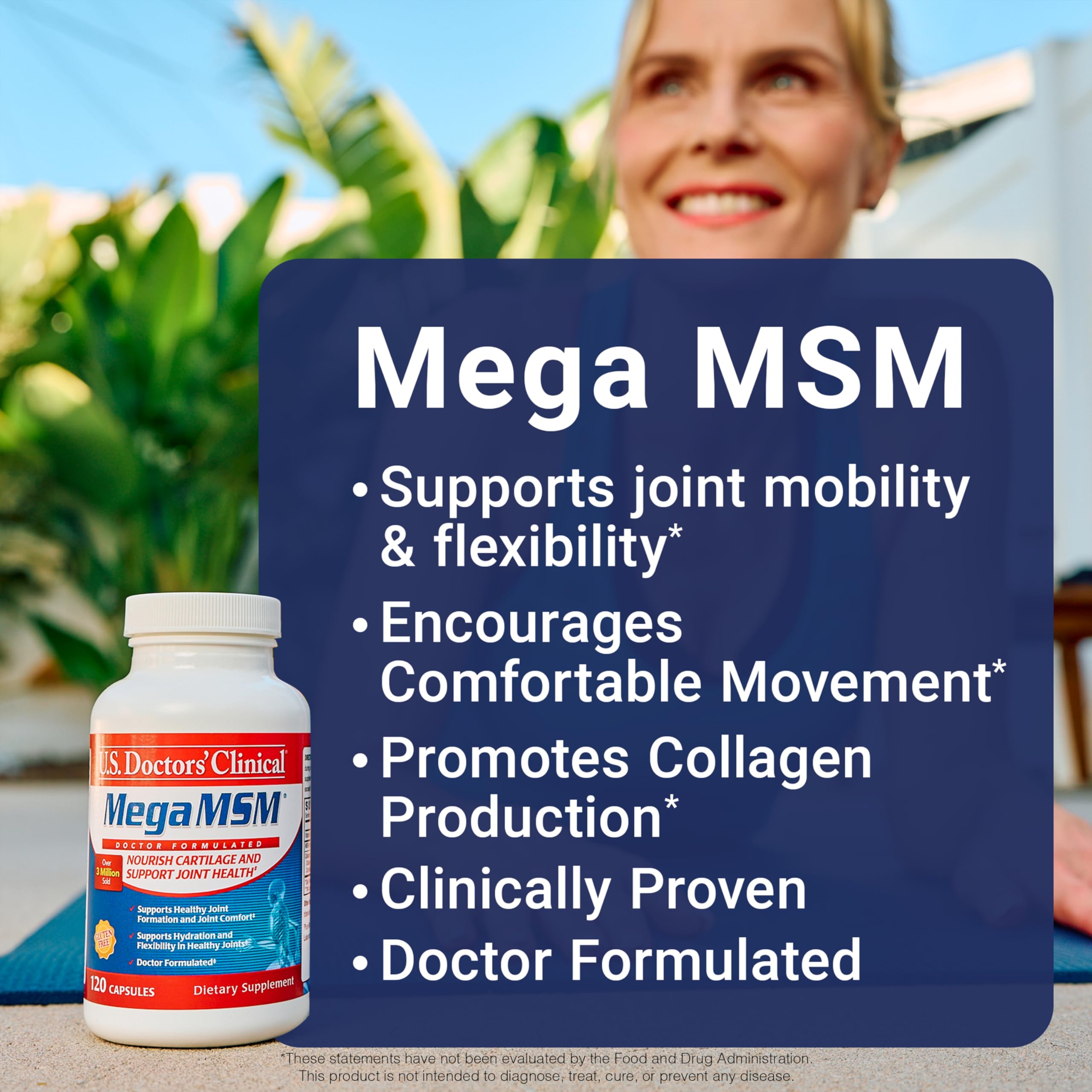 U.S. Doctors’ Clinical Mega MSM bottle back lists ingredients and usage tips.