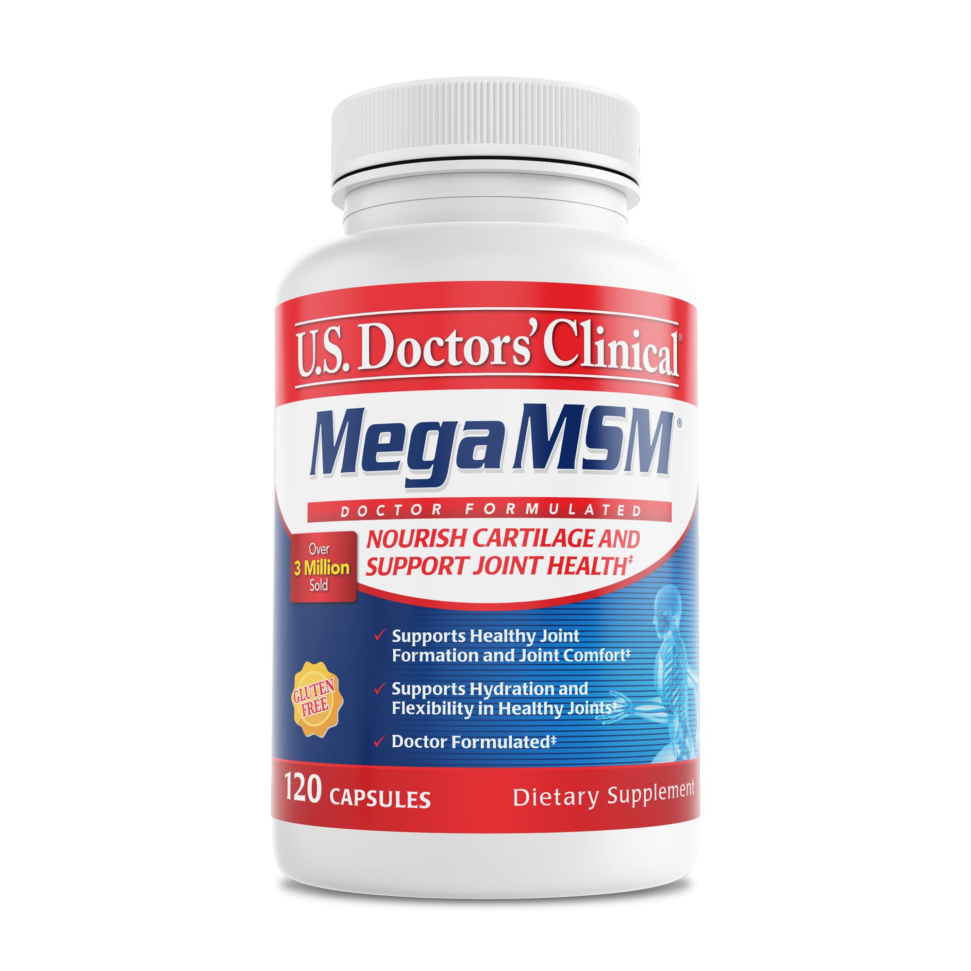 U.S. Doctors’ Clinical Mega MSM bottle front promotes daily joint support.