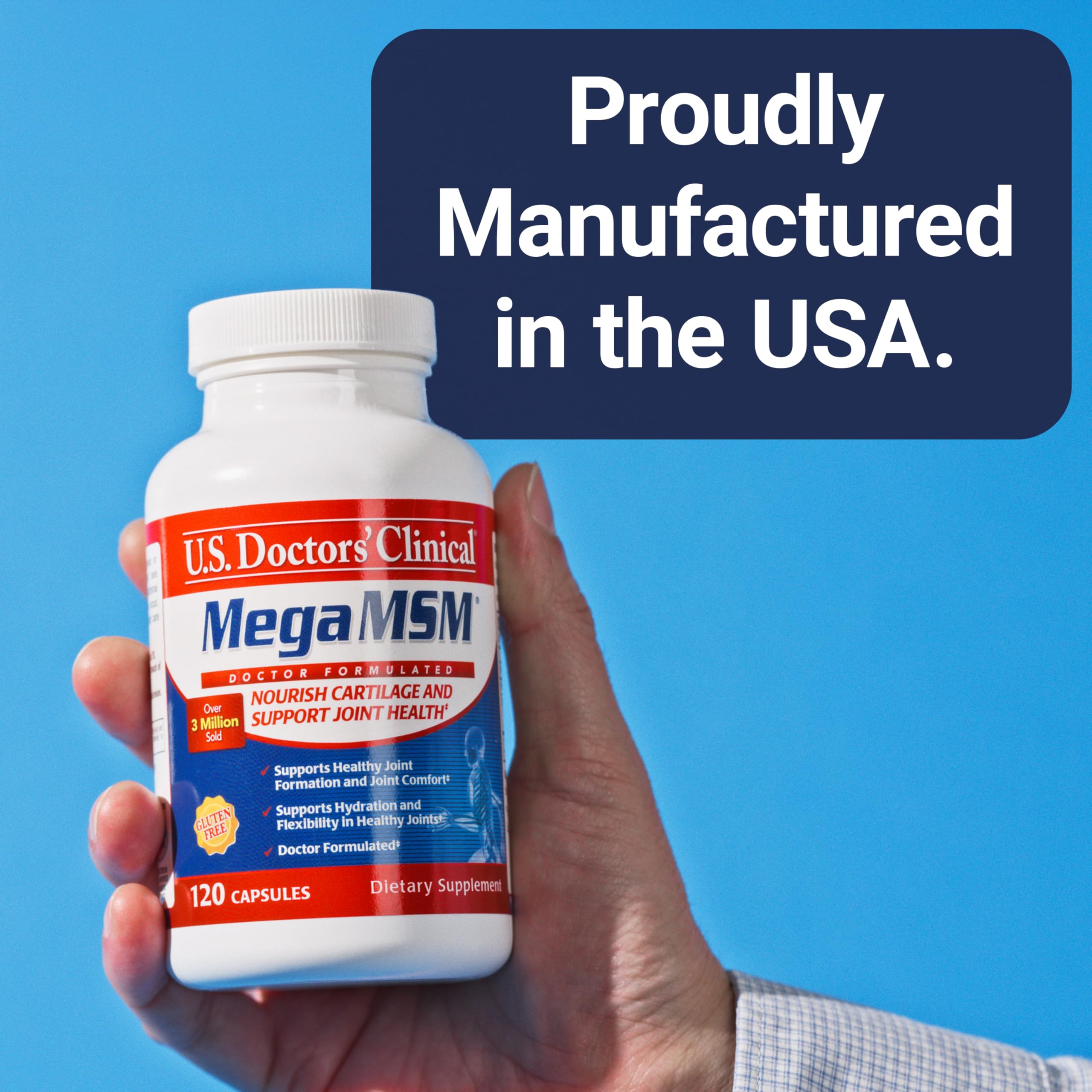 U.S. Doctors’ Clinical Mega MSM capsules being poured demonstrates simple daily supplementation.