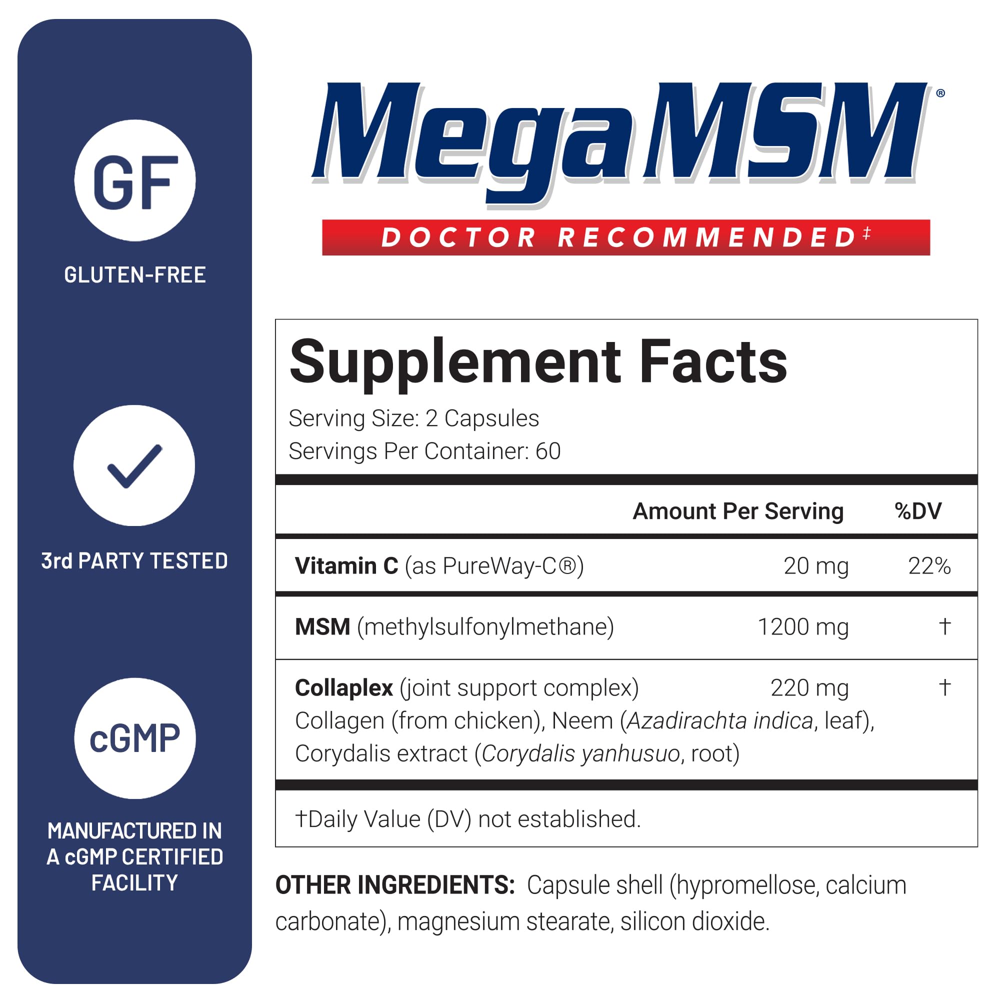 U.S. Doctors’ Clinical Mega MSM label highlights collagen and neem support for tissue health.