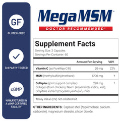 U.S. Doctors’ Clinical Mega MSM label highlights collagen and neem support for tissue health.