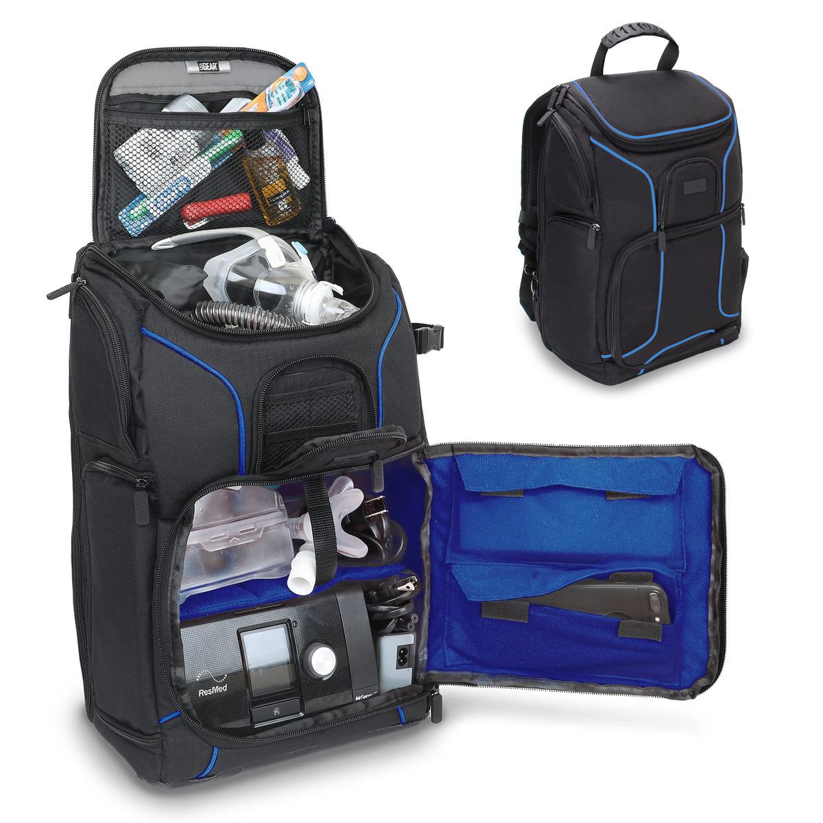 USA Gear CPAP Backpack interior with customizable dividers keeps tubing, masks, and accessories organized