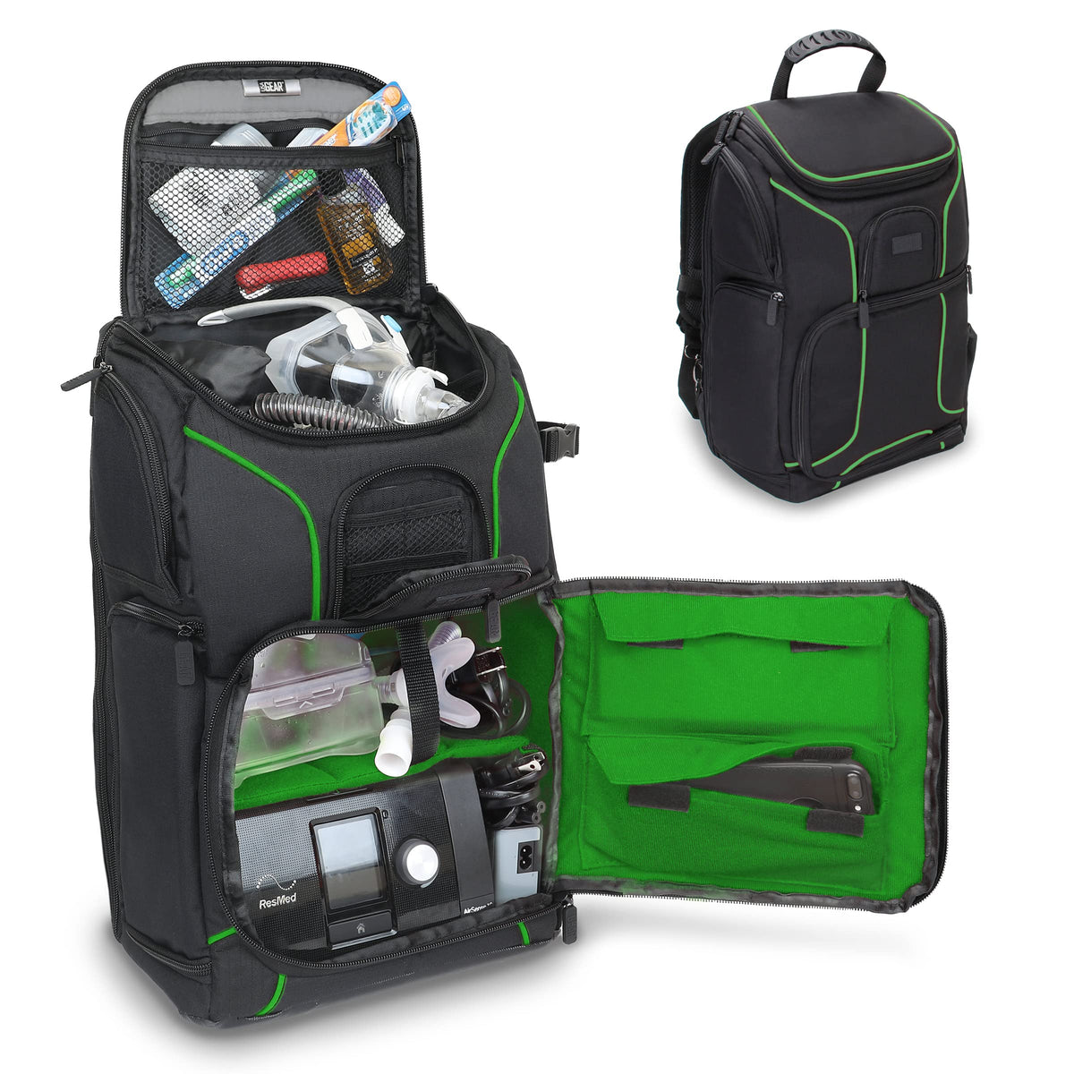 USA Gear CPAP backpack interior with padded dividers keeps your machine organized during travel.