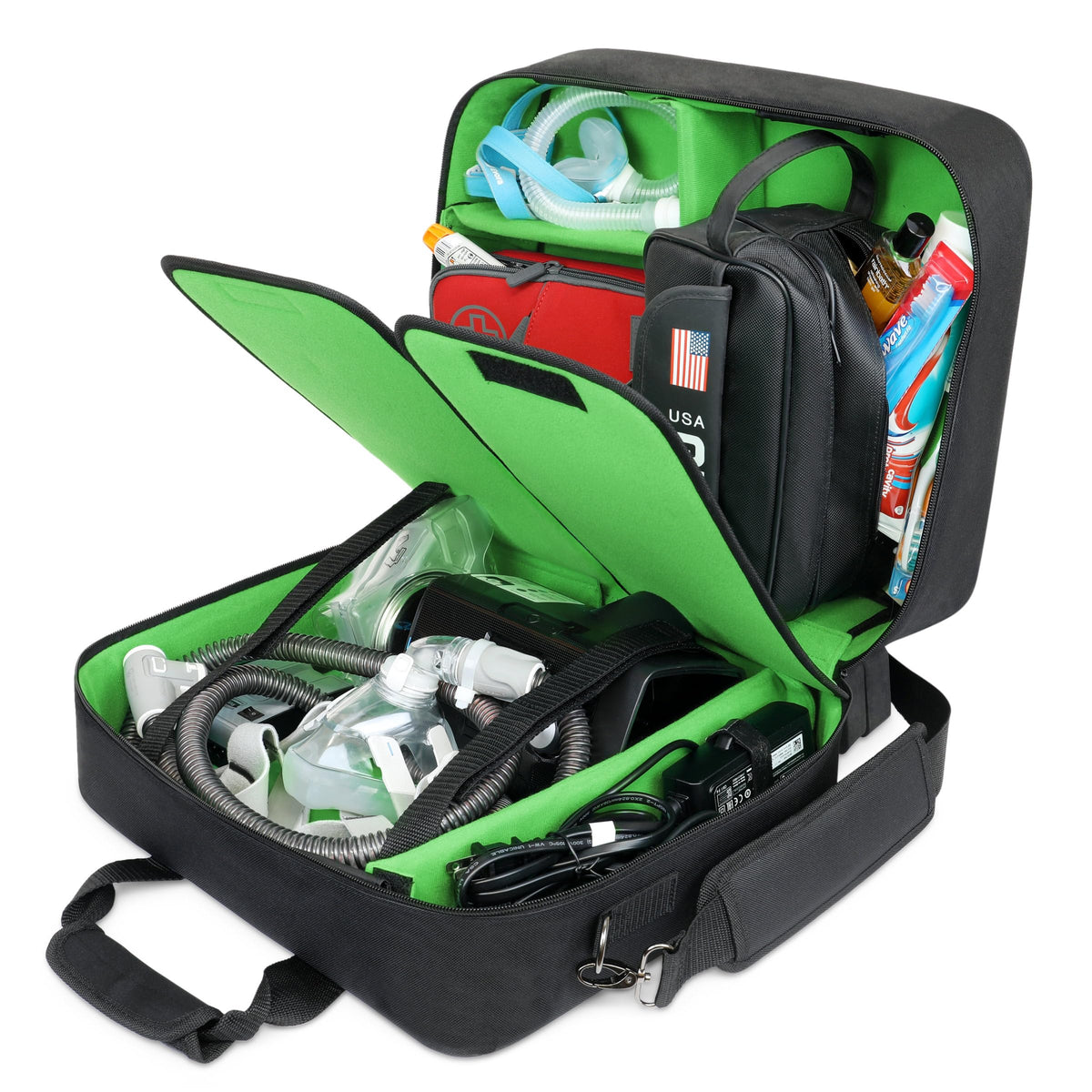 USA Gear XL CPAP Travel Bag interior showcases customizable space for CPAP, cables, hose, and mask.