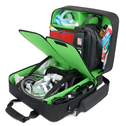 USA Gear XL CPAP Travel Bag interior showcases customizable space for CPAP, cables, hose, and mask.