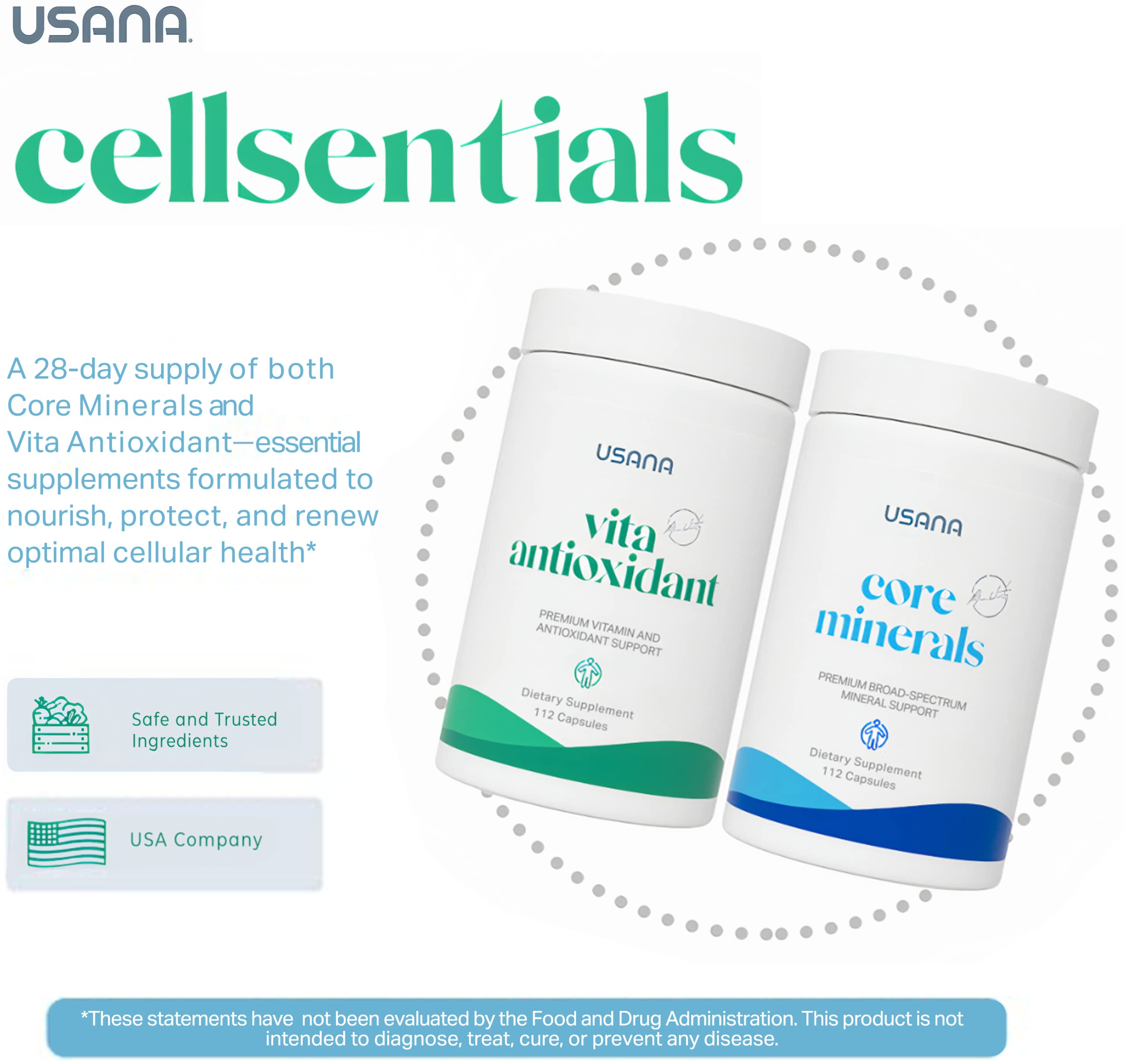 USANA CellSentials Core Minerals capsules highlighting essential minerals for health.