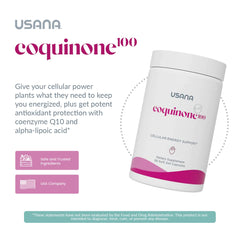 USANA CoQuinone 100 label close-up emphasizing CoQ10 and alpha-lipoic acid.