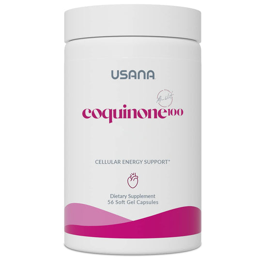 USANA CoQuinone 100 bottle and capsules highlighting heart health support potential.